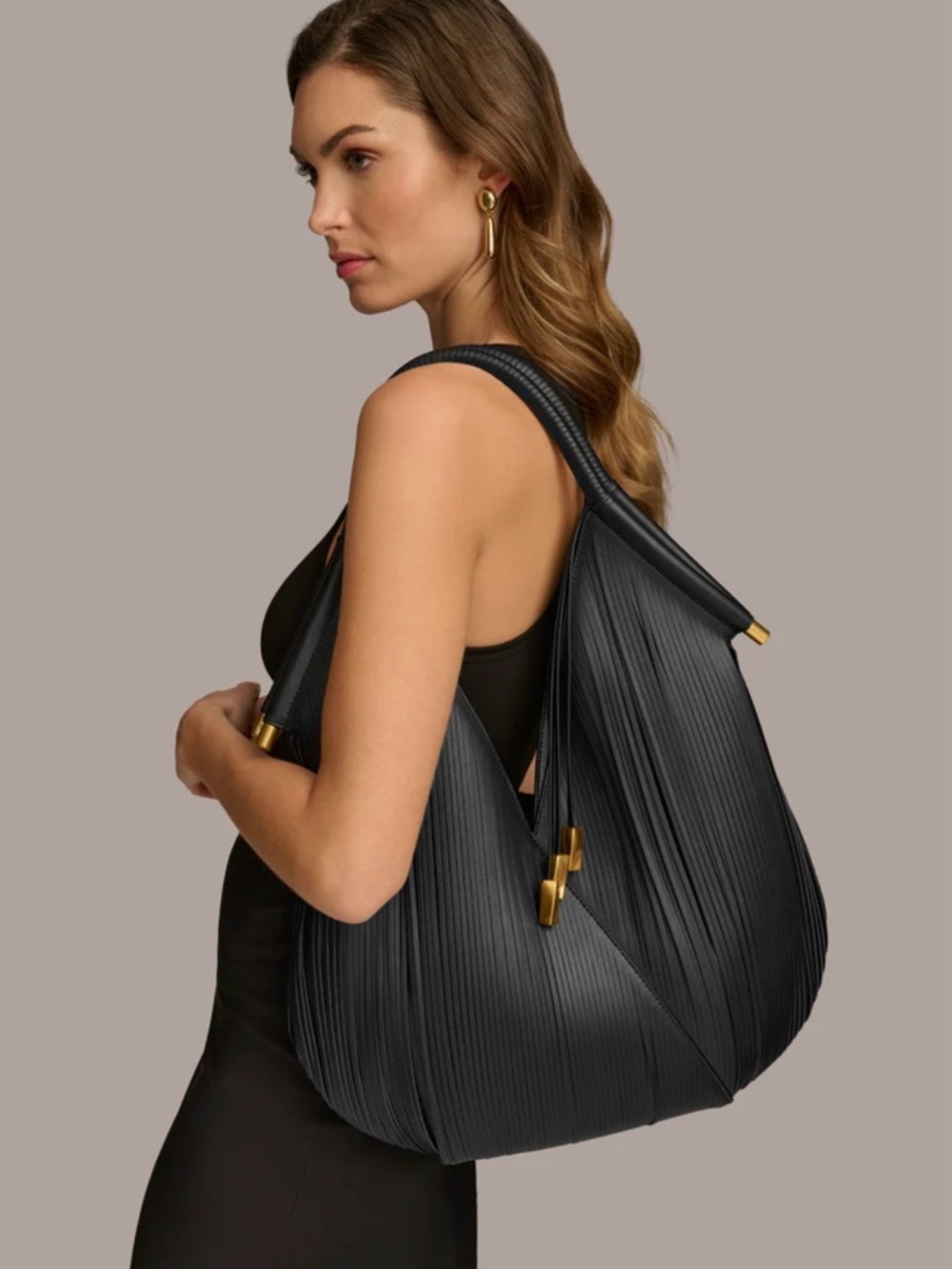 Donna Karan Baldwin Hobo Bag Black Laser Cut Fringe Gold Hardware NWT $448 - Picture 5 of 7